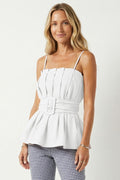 Blusa Sin Mangas con Pretina Drapeada y Cintas - Blanco Puro