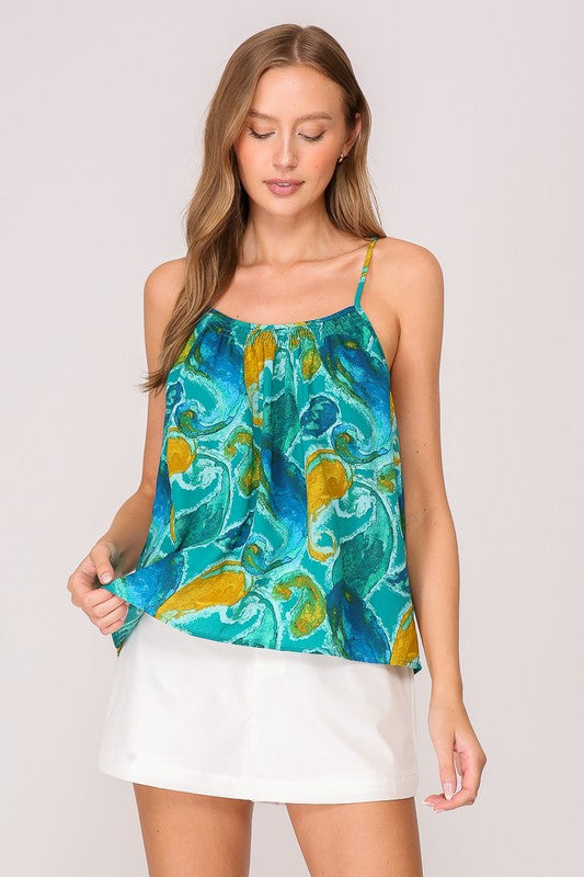 Blusa Fluida de Tirantes con Estampado Abstracto - Turquesa