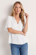 Blusa de Manga Corta Volada con Escote en V - Blanco
