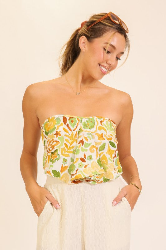 Top Strapless Fluido con Estampado Botánico