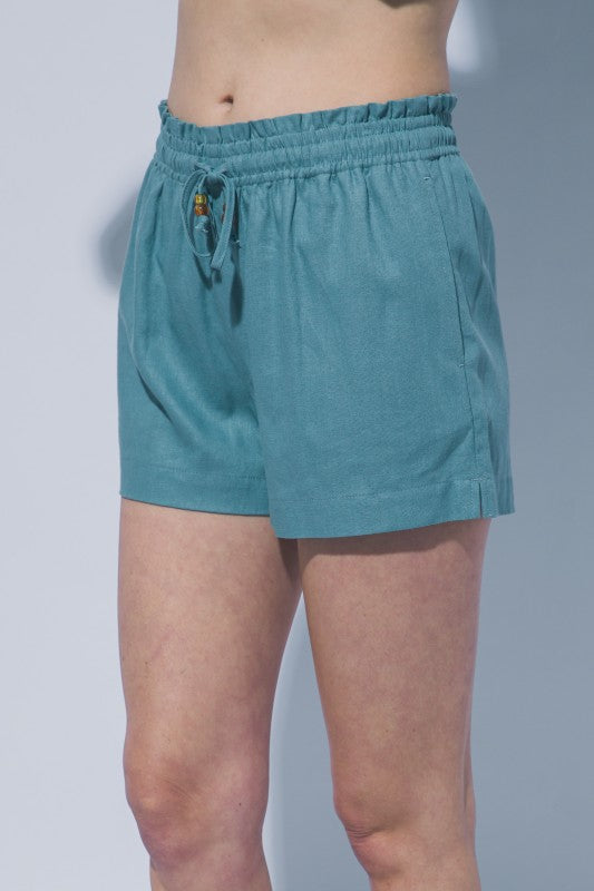 Short Relajado con Cintura Fruncida y Detalles - Verde Azulado