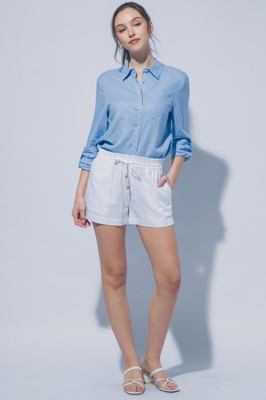 Short Relajado con Cintura Fruncida y Detalles en Cordón - Blanco
