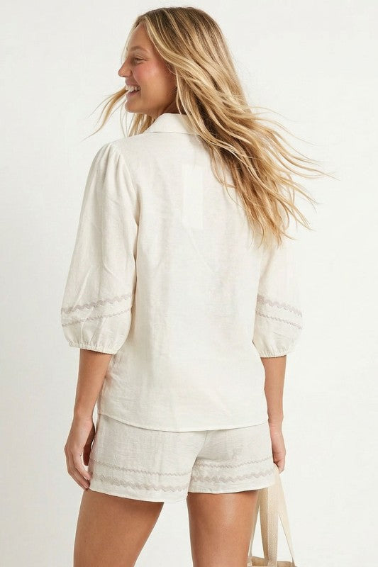 Blusa Fluida con Mangas Abullonadas y Ribetes - Blanco Roto