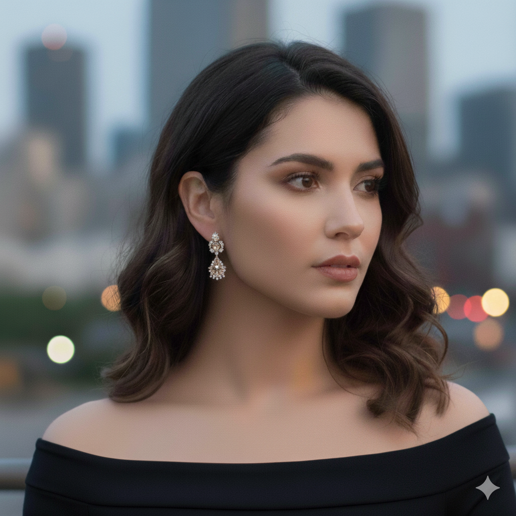 Aretes dorados con diseño floral y gema en lágrima