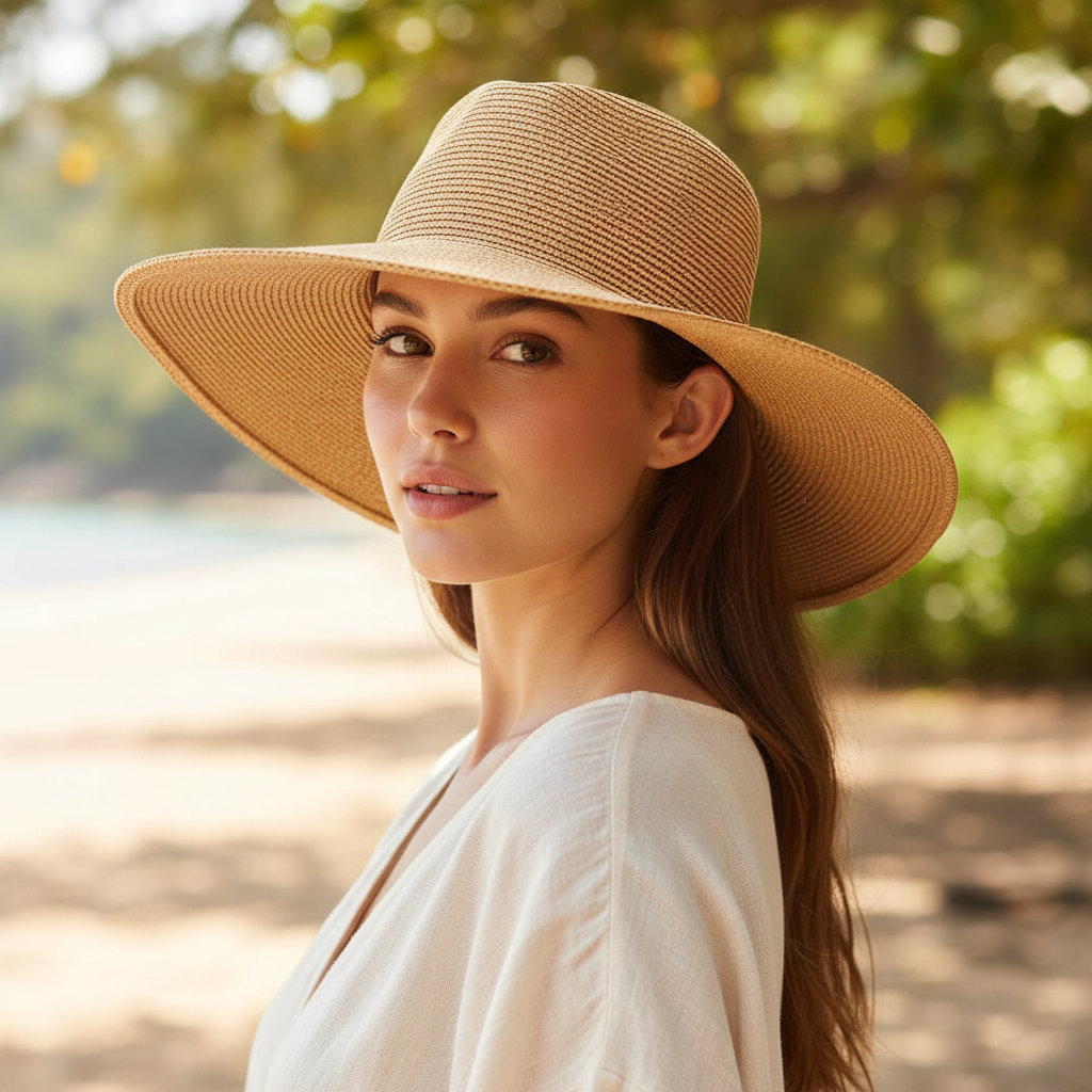 Sombrero Beige Con Hojas Verdes
