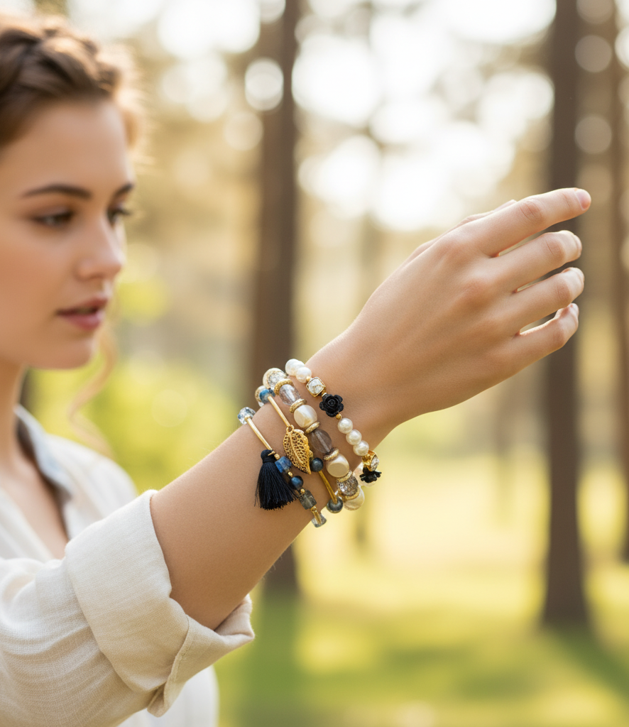 Set de pulseras doradas con perlas y charms femeninos - Negra