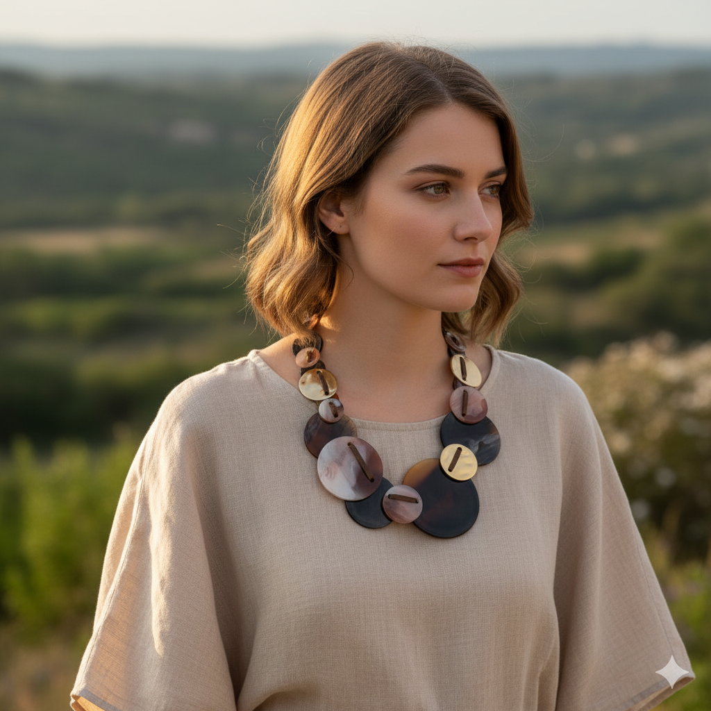 Collar de discos de colores y patrones variados - Café