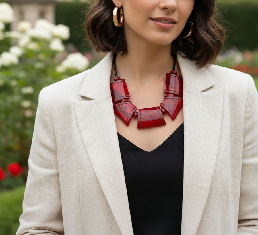 Collar geométrico con piedras marmoleadas - Rojo