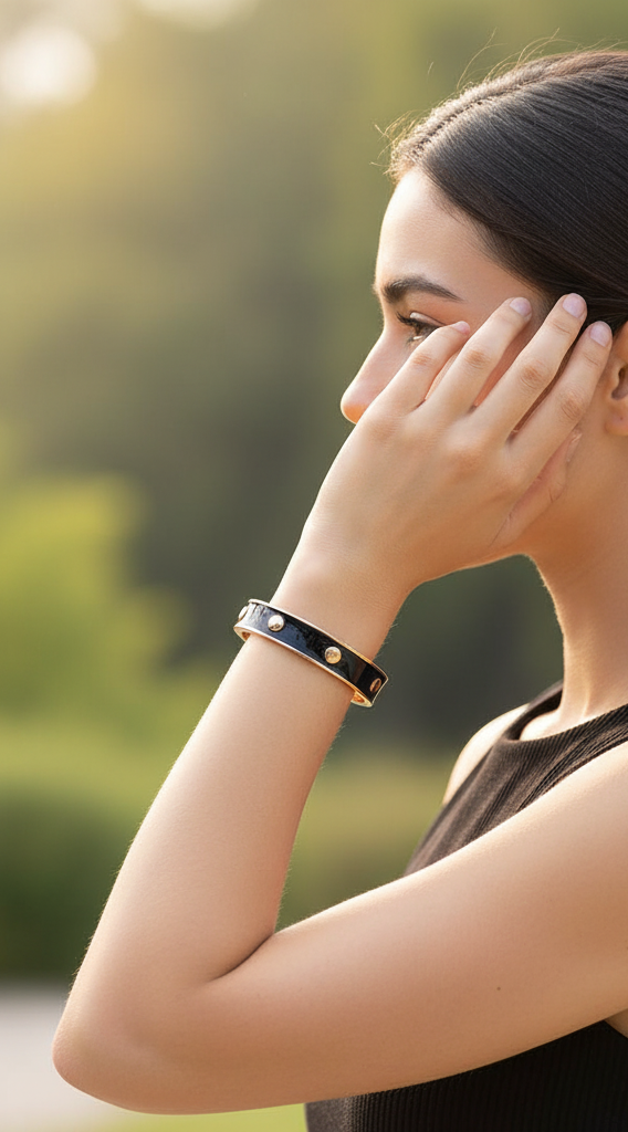 Brazalete rígida de oro rosa con diseño texturizado y tachuelas - Negro