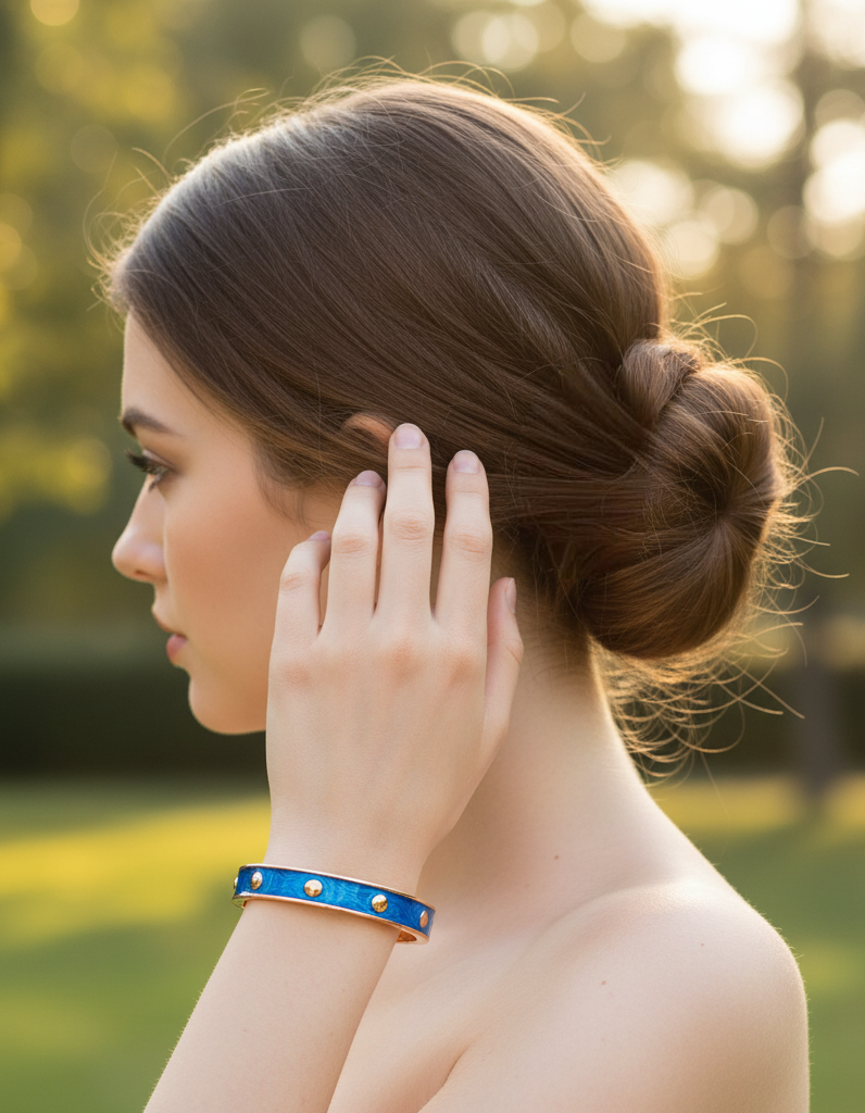 Pulsera rígida de oro rosa con diseño texturizado y tachuelas - Azul