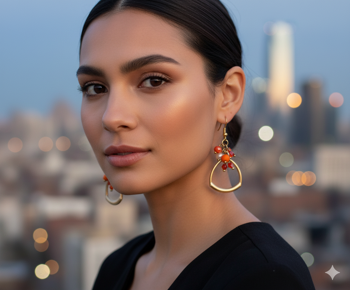 Aretes Naranja Con Destellos Dorados