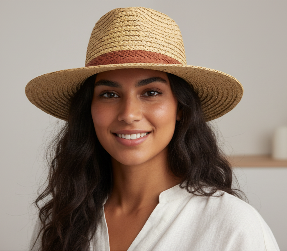 Sombrero fedora de paja con banda roja