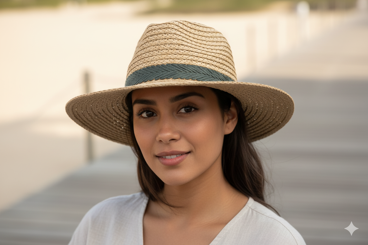 Sombrero fedora de paja con banda gris