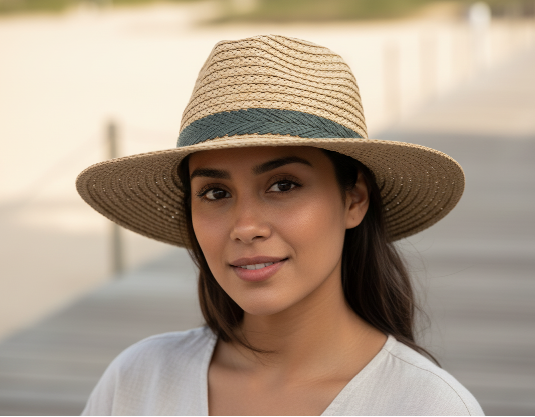 Sombrero fedora de paja con banda gris